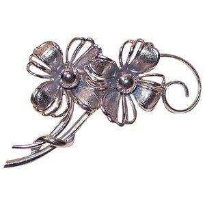 Forstner Sterling Silver Pin Brooch - A Pair of Flowers Florals with Curlicues
